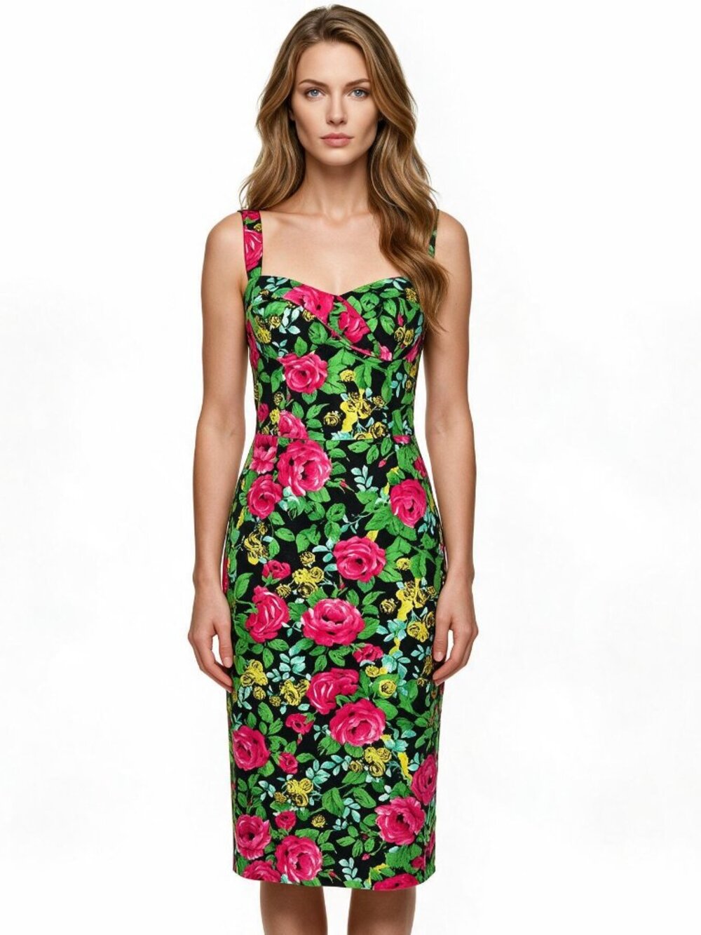 Deadly Dames by Micheline Pitt Pinup Wiggle Midi Floral Dress, Adj Straps, Sz S
